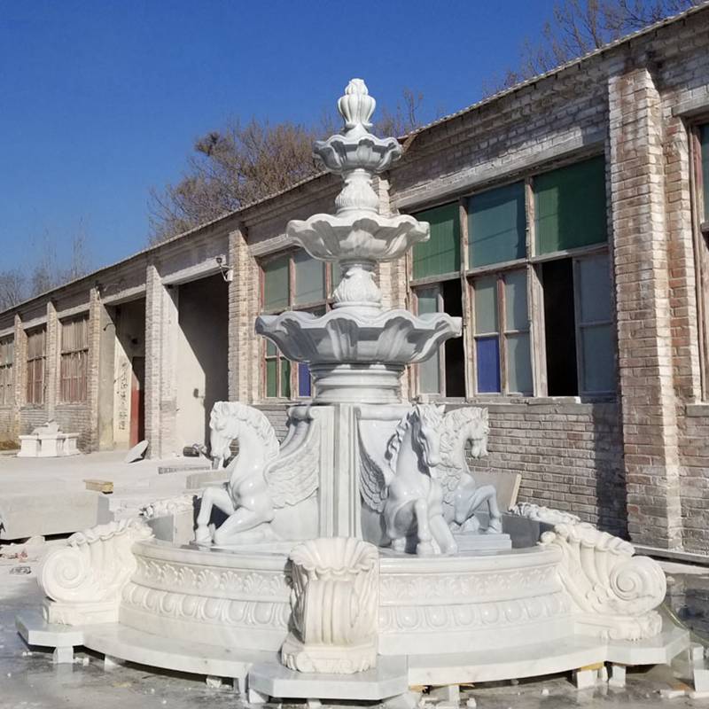 Natural Stone Outdoor White Marble Horse Water Fountain