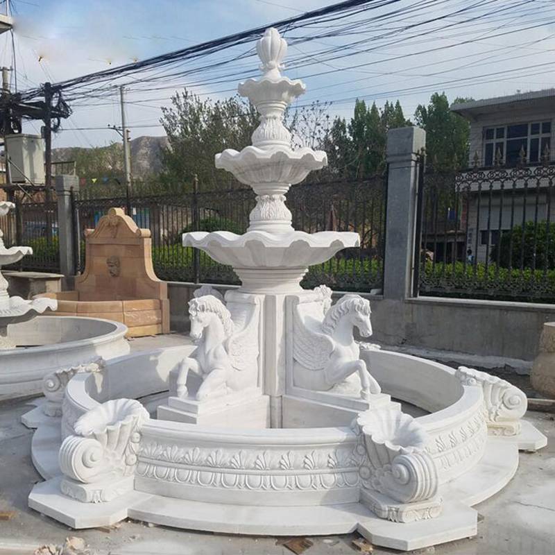 Natural Stone Outdoor White Marble Horse Water Fountain