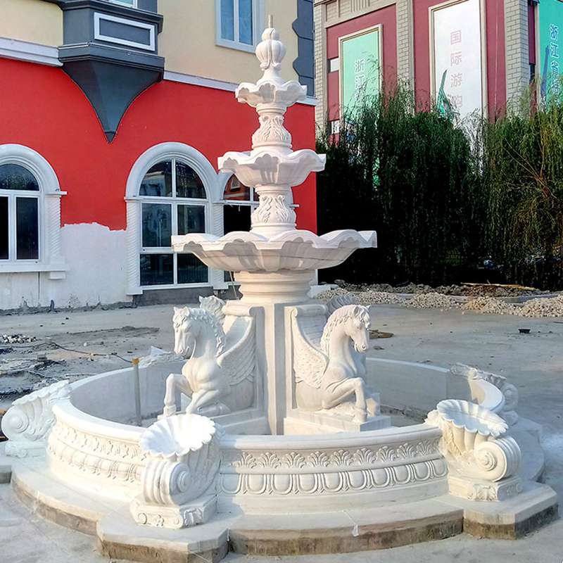 Natural Stone Outdoor White Marble Horse Water Fountain