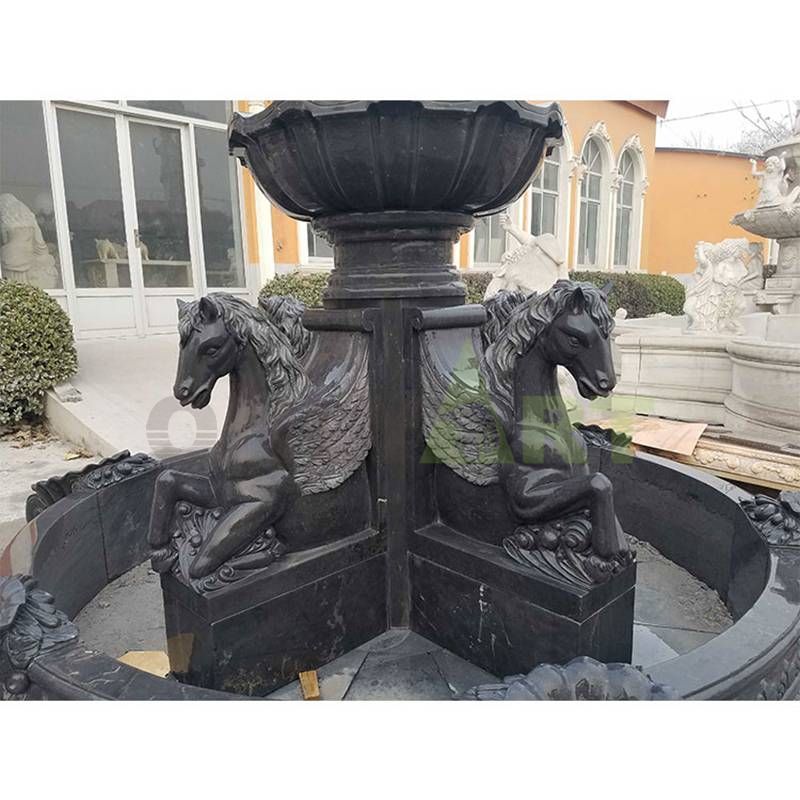 Black Marble Horse Statues Stone Garden Water Fountain