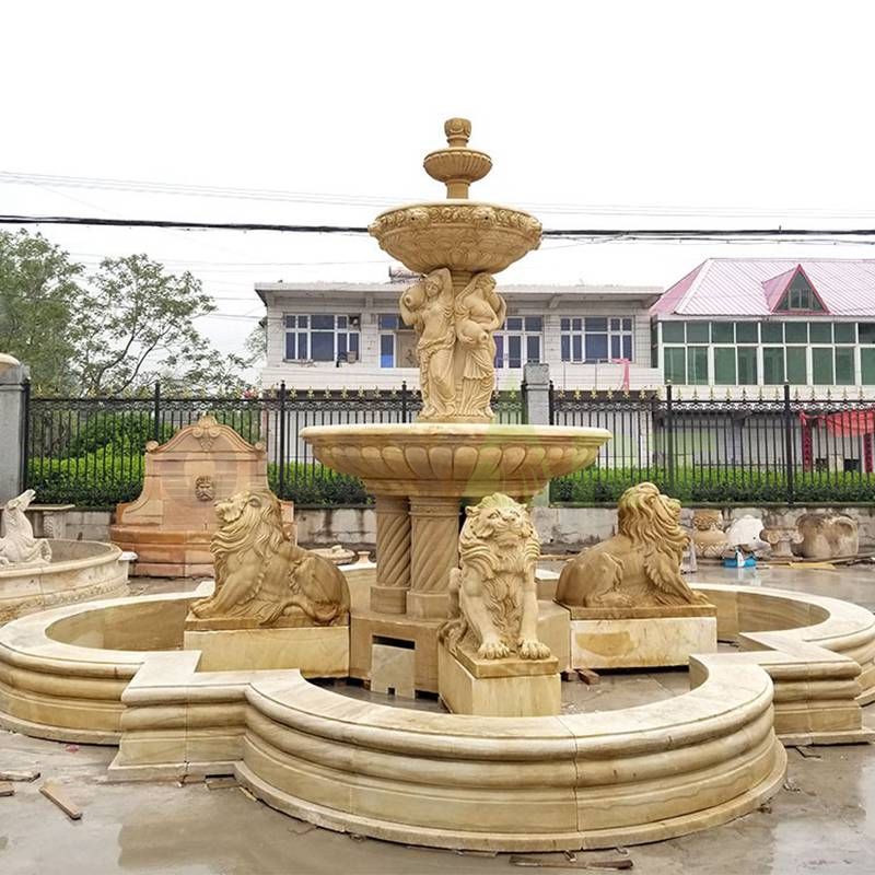 Hand Carved Lion Stone Yellow Marble Fountain