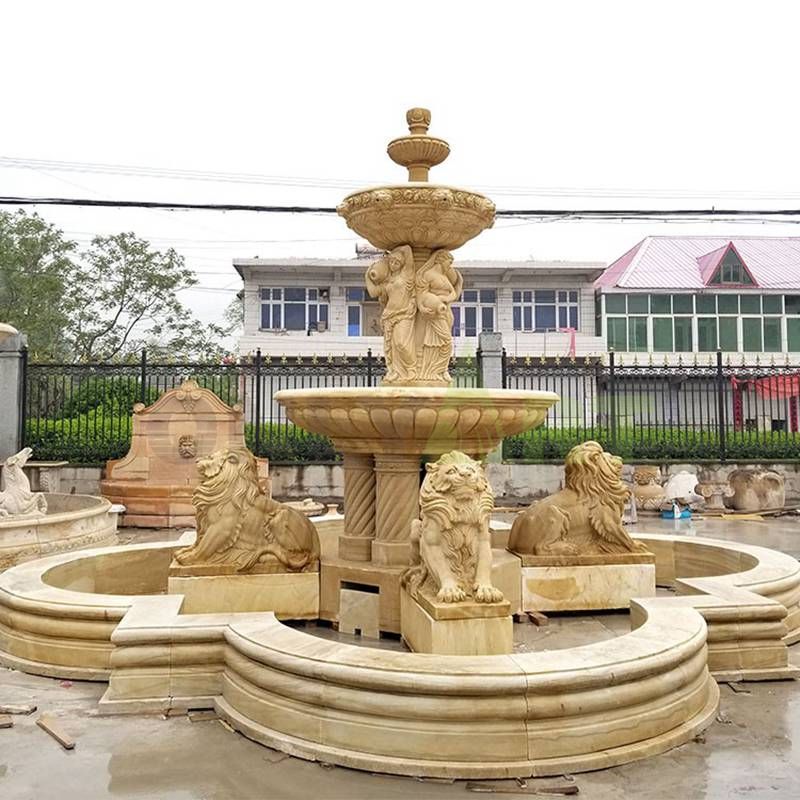 Hand Carved Lion Stone Yellow Marble Fountain