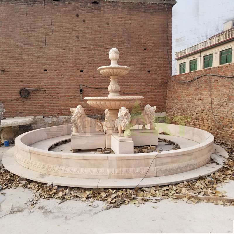 Hand Carved Lion Stone Yellow Marble Fountain