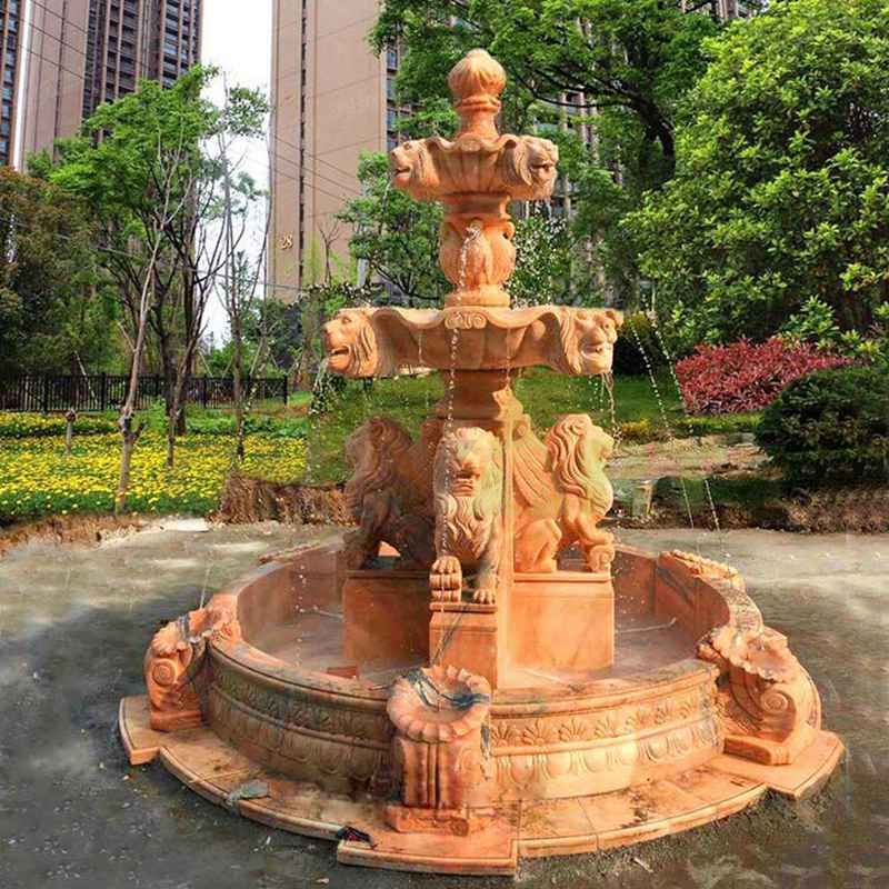 Hand Carved Lion Stone Yellow Marble Fountain