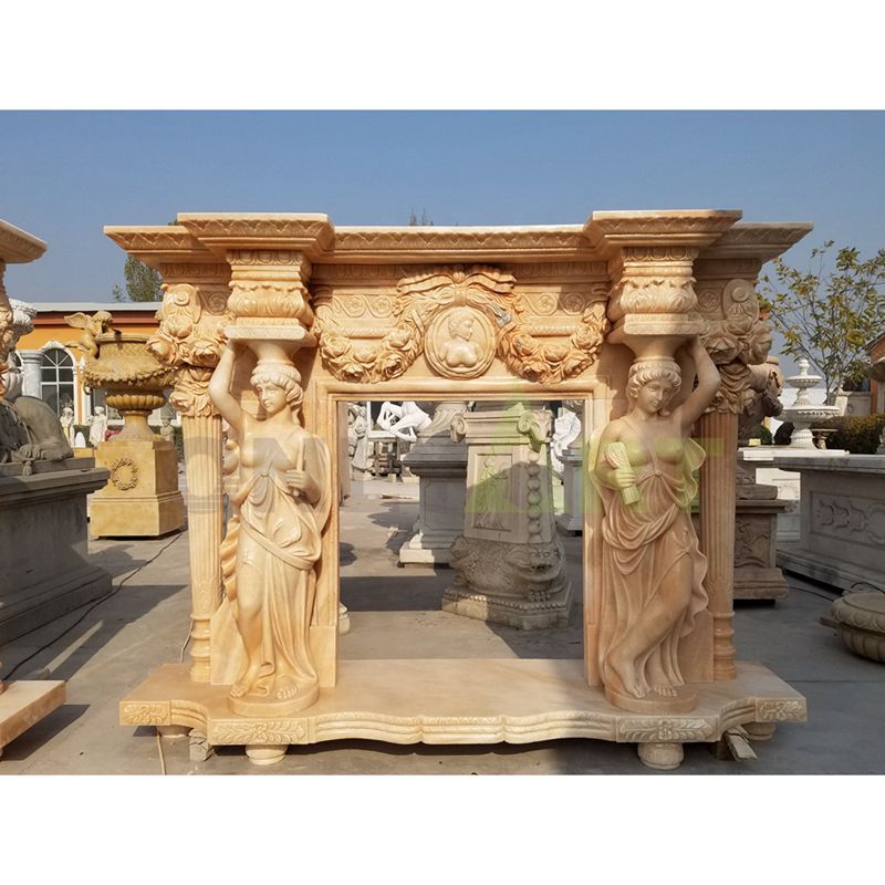 Woman Statues Yellow Marble Freestanding Fireplace Mantel