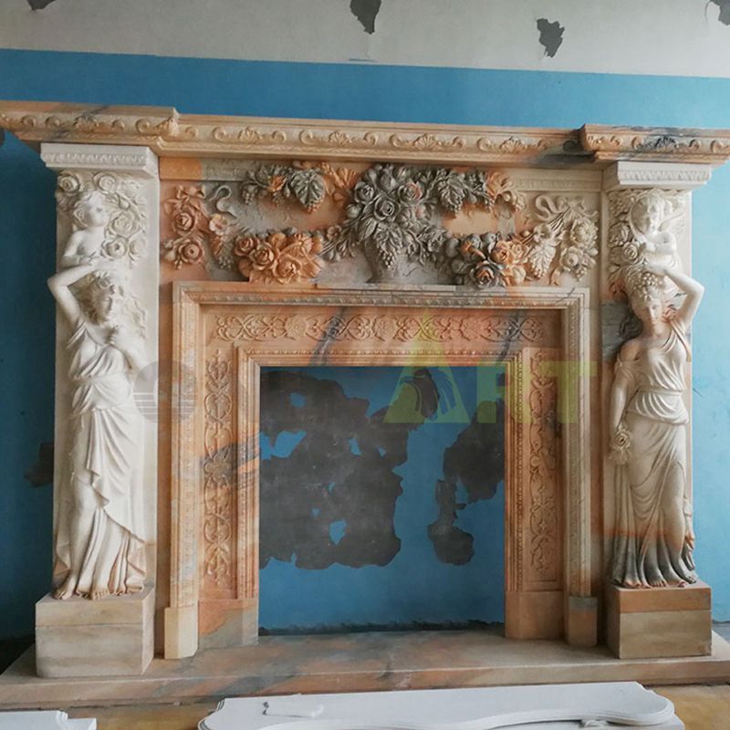 Indoor Home Decor Use Hand-carved Luxury Stone Fireplace With Woman Statues
