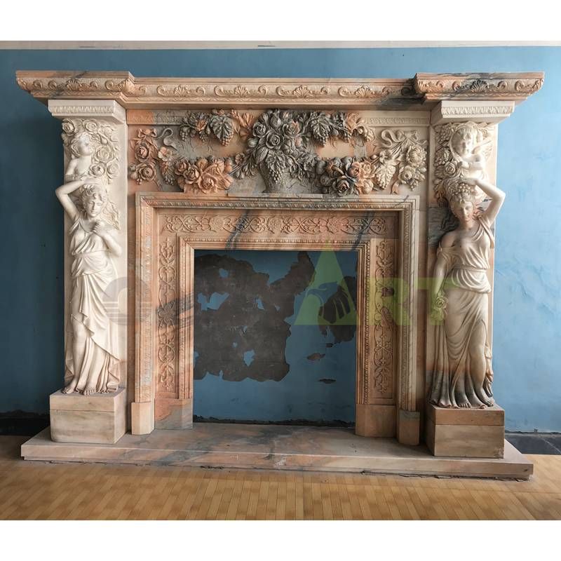 Indoor Home Decor Use Hand-carved Luxury Stone Fireplace With Woman Statues