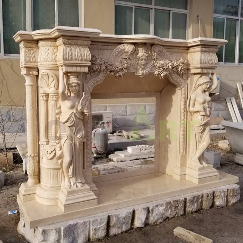 Woman Statues Yellow Marble Freestanding Fireplace Mantel