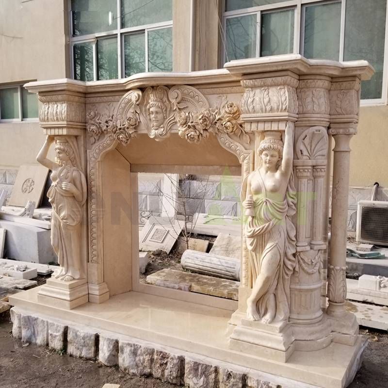 Woman Statues Yellow Marble Freestanding Fireplace Mantel