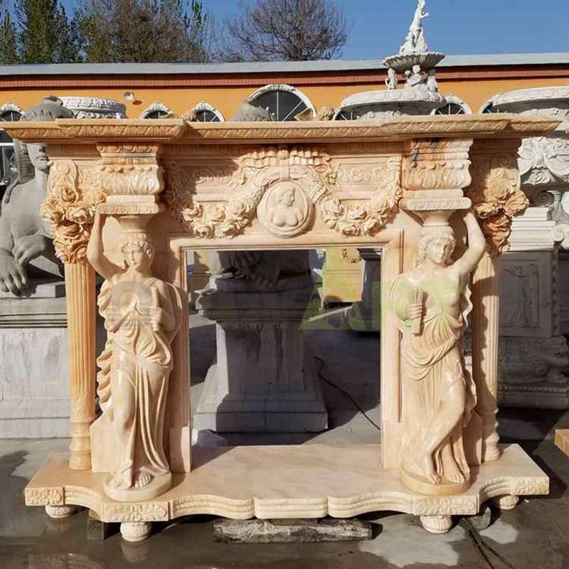 Woman Statues Yellow Marble Freestanding Fireplace Mantel