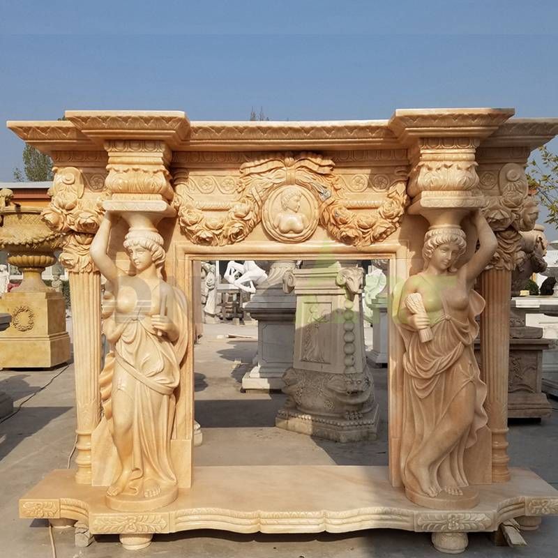 Woman Statues Yellow Marble Freestanding Fireplace Mantel