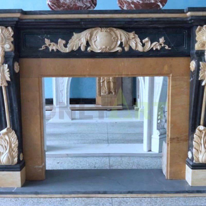 Villa Interior Decor Hand Carved Indoor Black Marble Stone Fireplaces