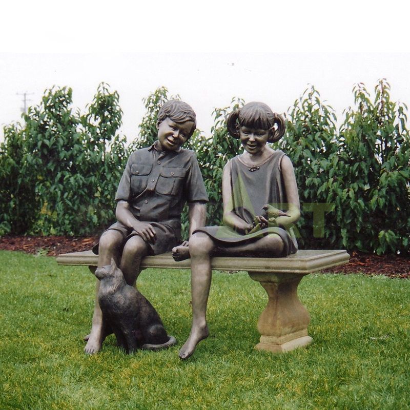 Two children and birds play really happy, children sculpture
