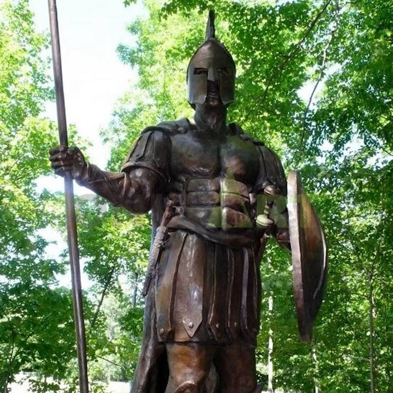 A statue of a Roman soldier in the shade of a tree