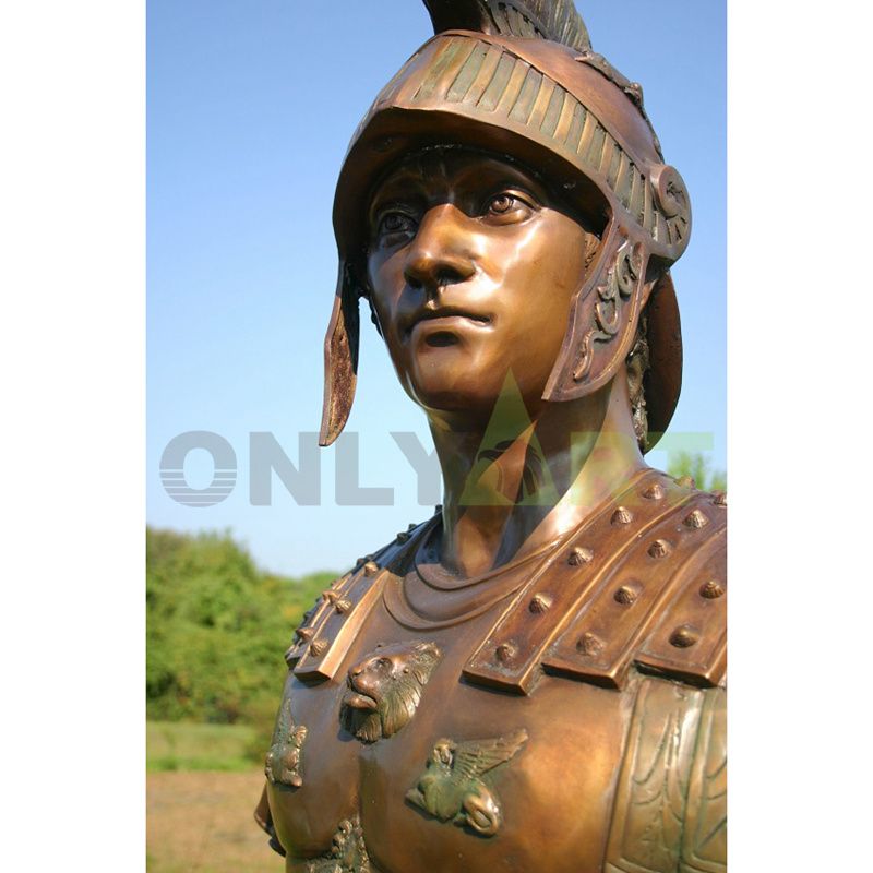 Sculpture of a tight-lipped Roman soldier detailing a helmet