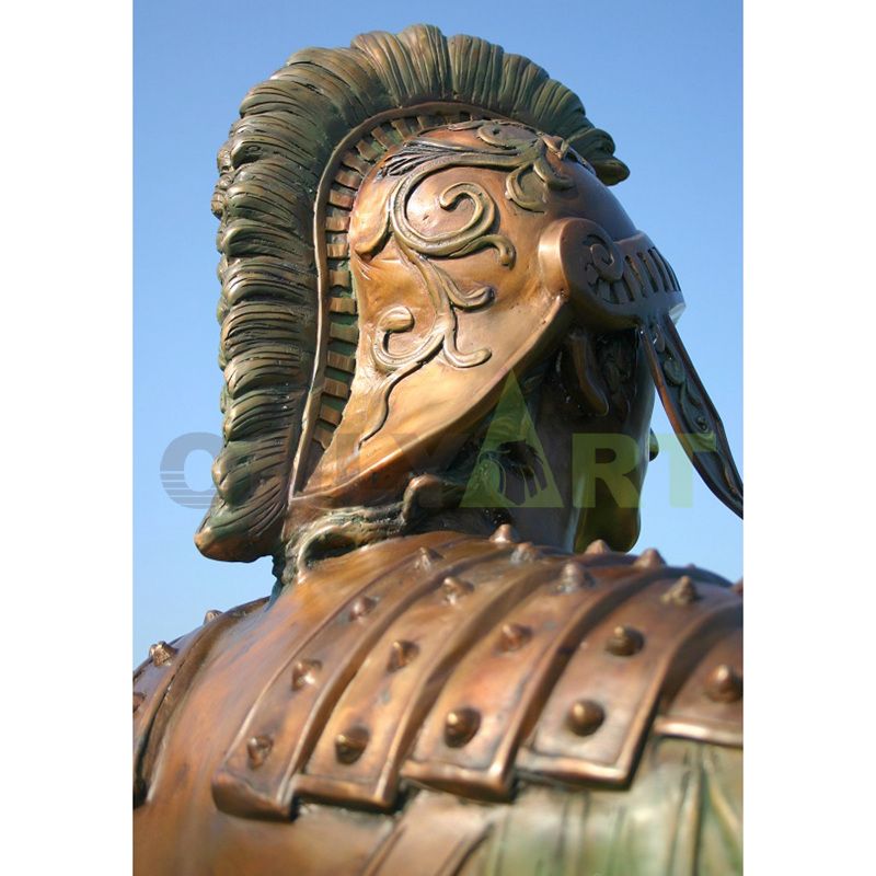 Sculpture of a tight-lipped Roman soldier detailing a helmet