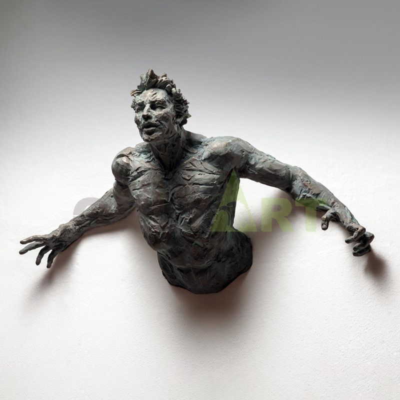 indoor life size art deco bronze man wall sculpture statue matteo pugliese sculpture for sale