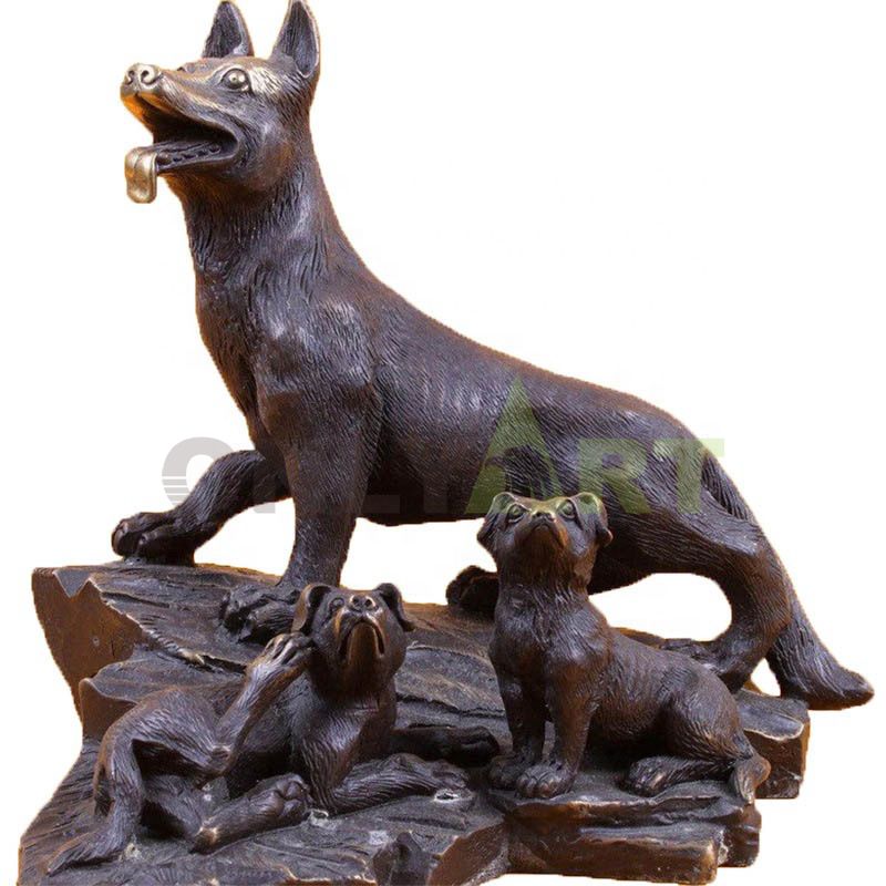 A custom bronze statue of a canine mother and her cubs