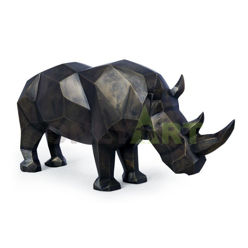 An outdoor garden is decorated with geometric bronze rhinoceros sculptures