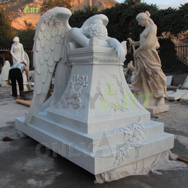 Hand carved natural white marble tombstone angel