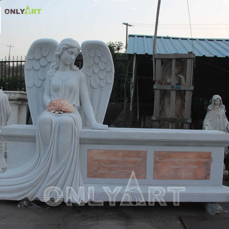 Carved High Quality Bench Sitting Marble Angel with Flowers Monument