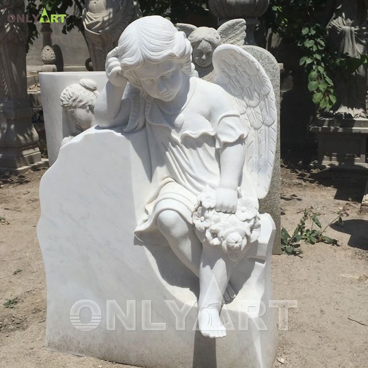 Custom white marble baby angel stone statue children tombstone gravestone