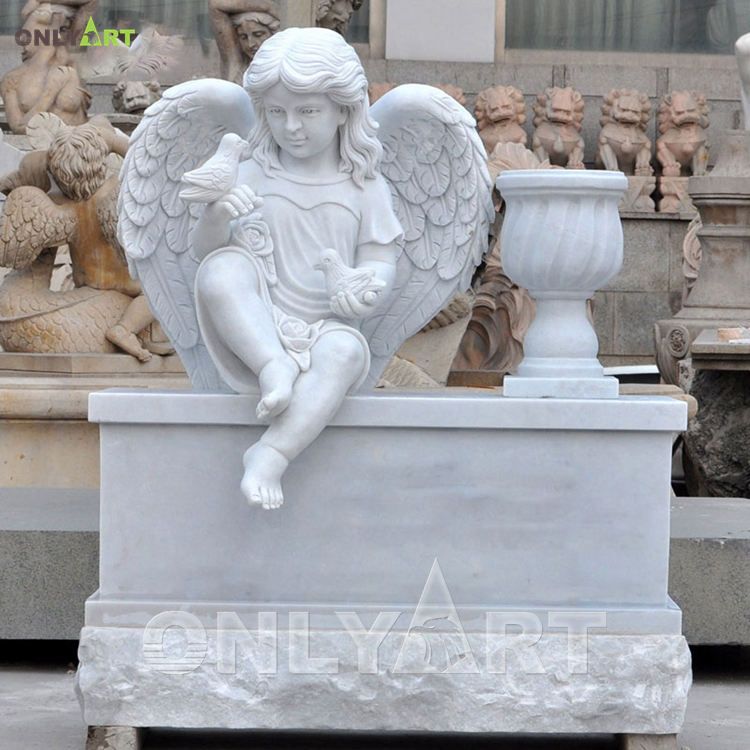 High Quality Baby Angel Statue White Marble Cherub Tombstone