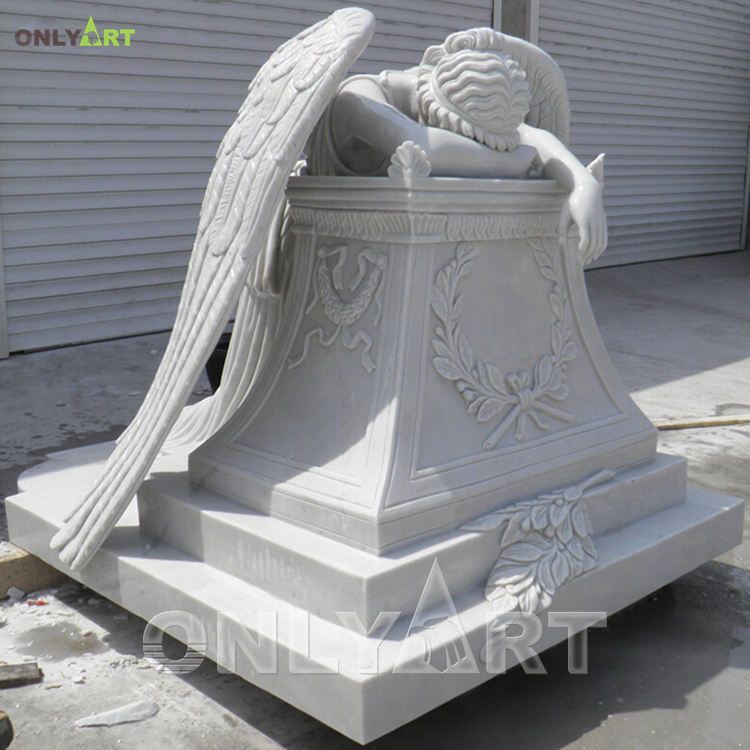 Hand Carved Cemetery White Marble Weeping Angel Tombstone