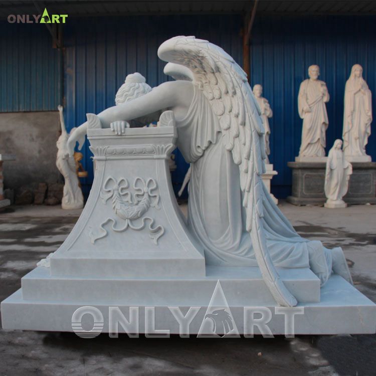 Hand Carved Cemetery White Marble Weeping Angel Tombstone