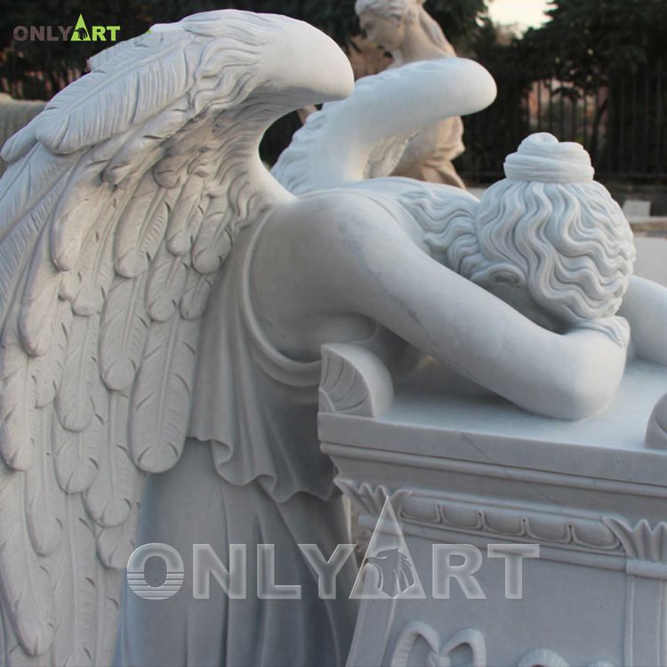 Hand Carved Cemetery White Marble Weeping Angel Tombstone