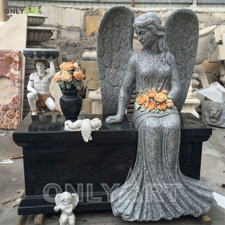 High Quality Black Stone Marble Angel Tombstone Statue For Sale