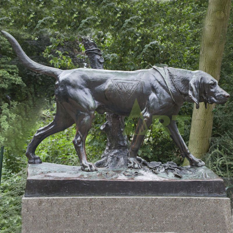 The garden dining room is decorated with life-size bronze dog waving sculptures