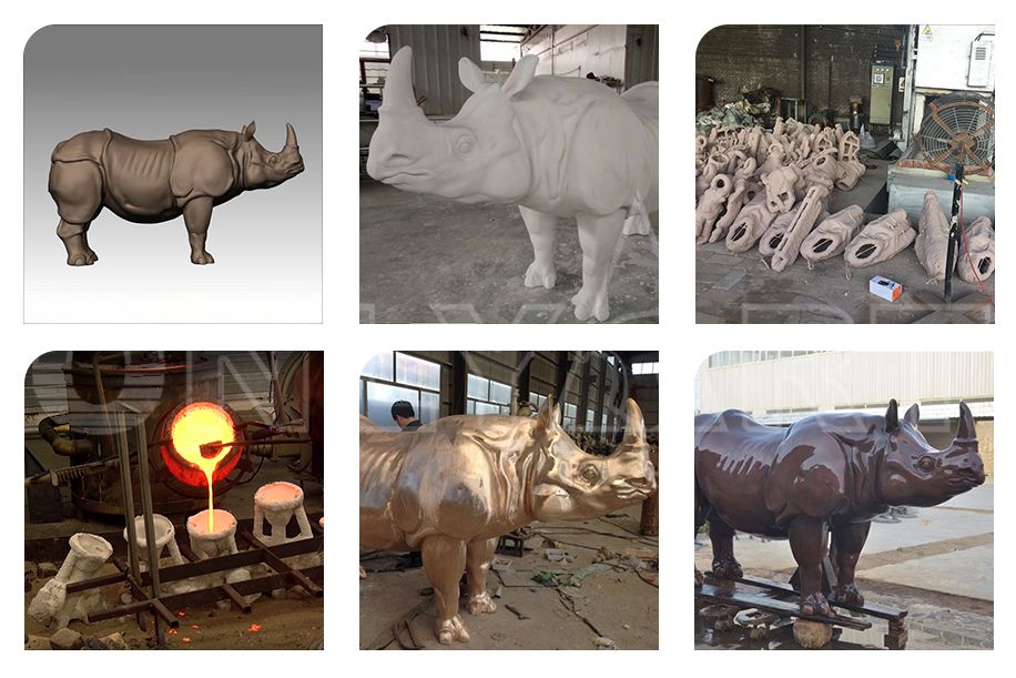 Bronze sculptures of large rhinoceros animals